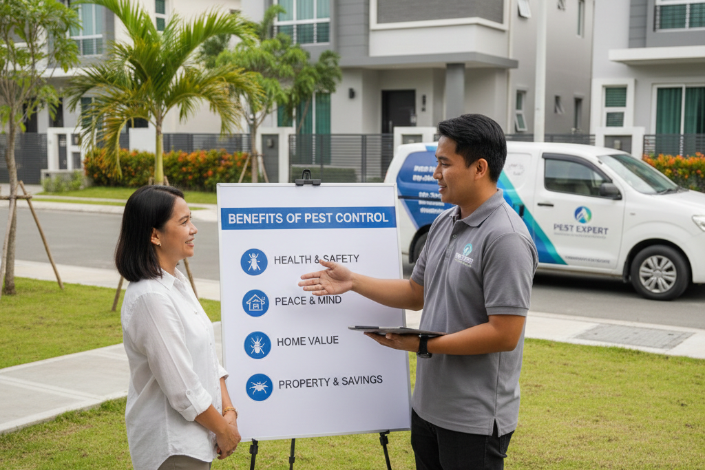 Isang malawak at ultra-realistic na larawan ng isang Pest Control Consultant na may hawak na papel, nakikipag-usap sa isang grupo ng anim na empleyado at managers sa loob ng isang malinis na food manufacturing plant sa Pilipinas. Lahat sila ay nakasuot ng puting protective gear.
