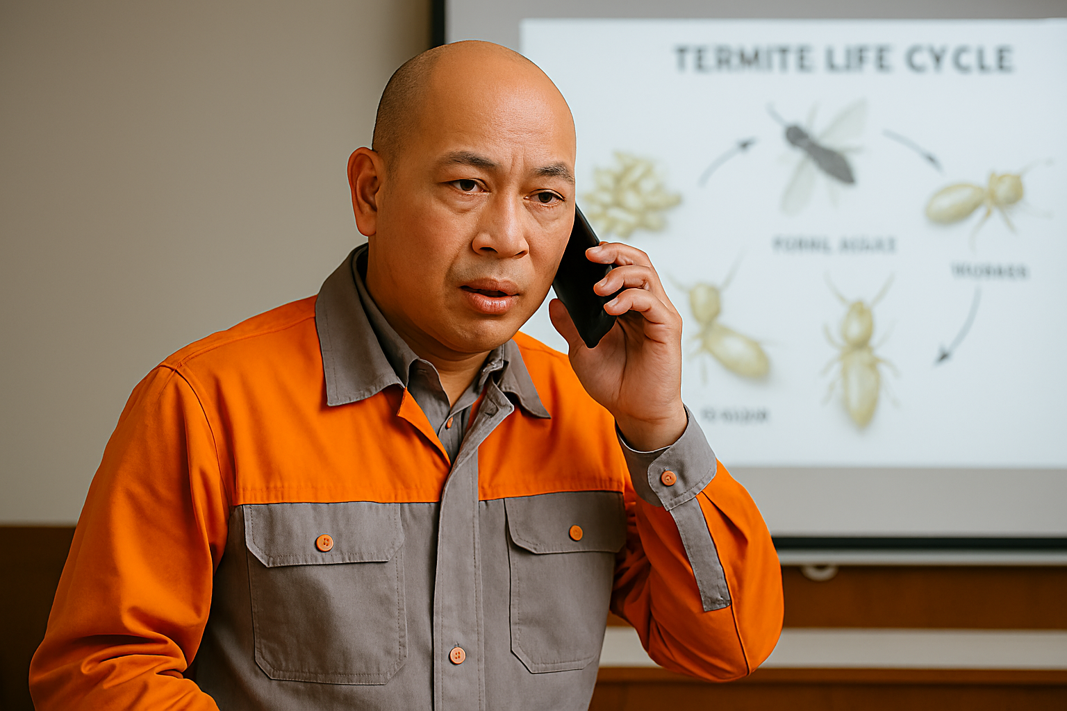 Pest control consultant in orange-gray uniform talking on the phone in office setting