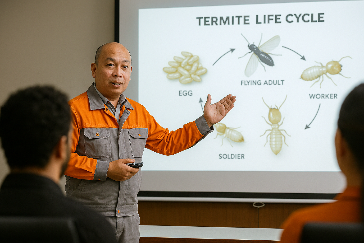 Consultant in orange-gray uniform presenting termite life cycle on projector screen to office audience