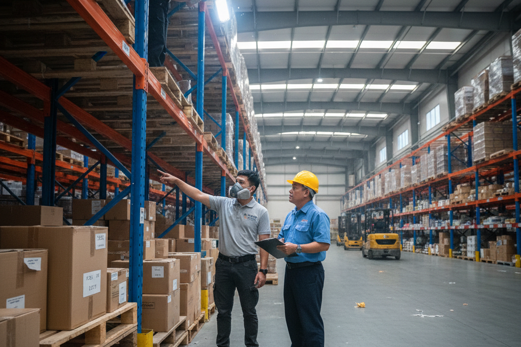A wide, ultra-realistic landscape image of a Pest Control Consultant, wearing a white lab coat and safety goggles, holding a note and speaking to a group of six food manufacturing plant employees and managers. They are all wearing white protective gear, standing in a brightly lit, clean industrial facility with stainless steel equipment and conveyor belts visible